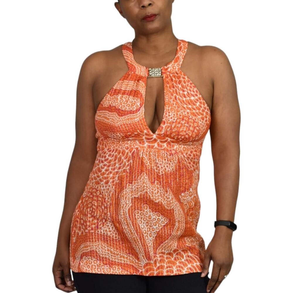 Trina Turk Halter Top Orange Metallic Tunic Keyhole Plunge Retro Y2K Size 6